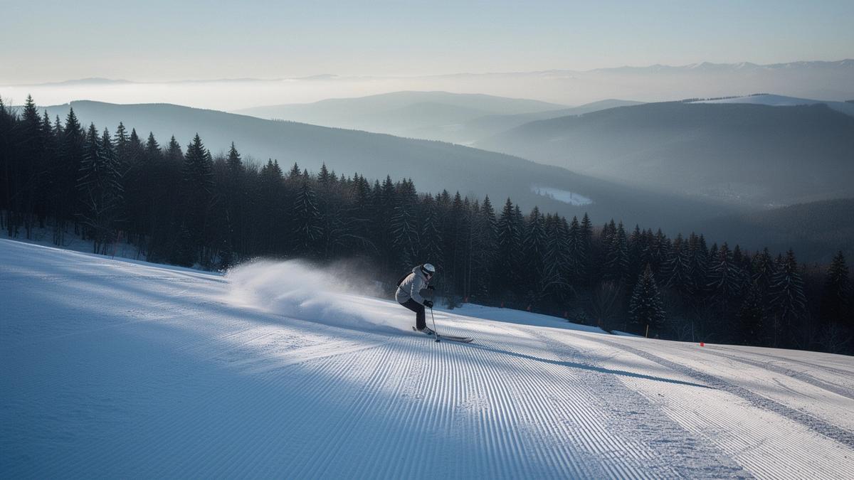 Skier carving down a groomed Carpathian piste at first light