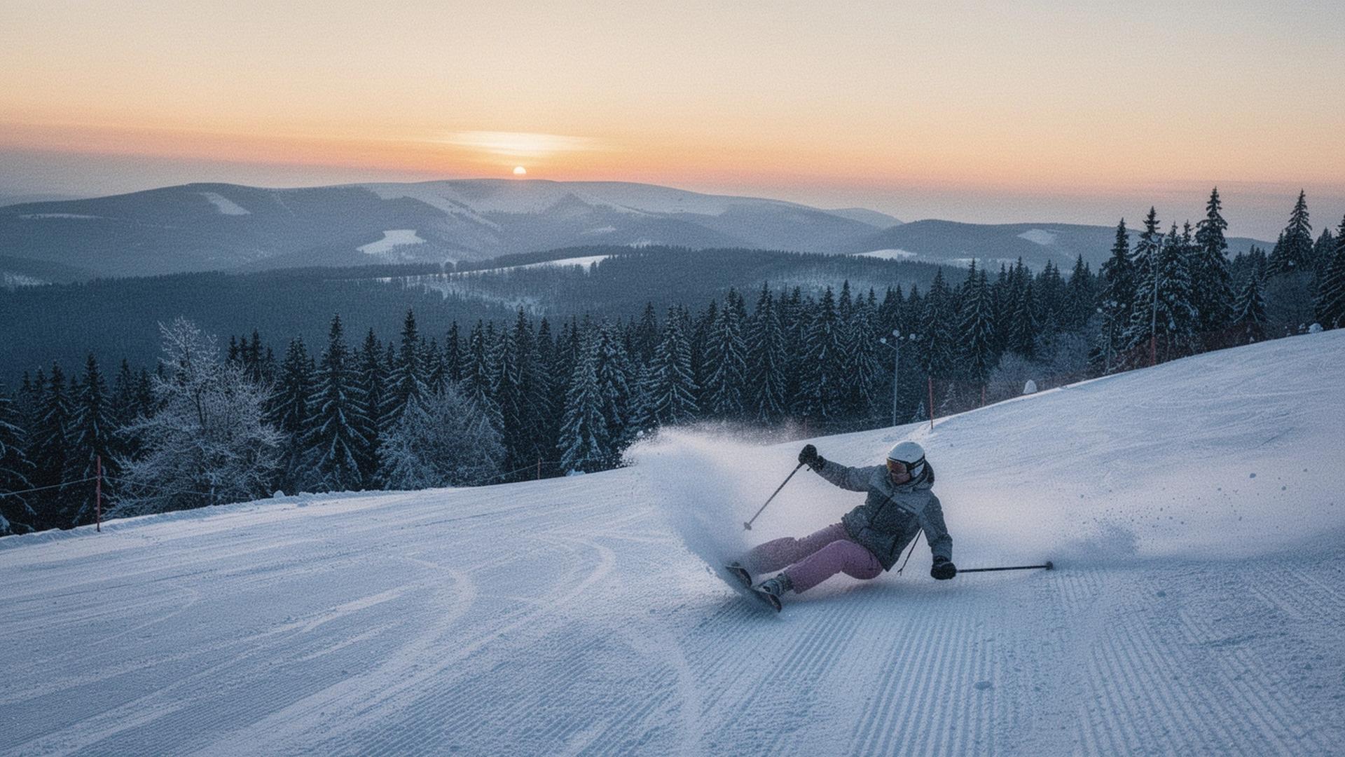 Skier carving down a groomed Carpathian slope in early morning light